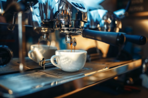 Close up of espresso being brewed and poured into a cup